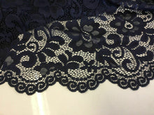 Load image into Gallery viewer, NEW Designer Navy Stretch Net Floral Lace Double Scalloped Border Fabric 57’’