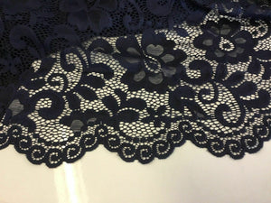 NEW Designer Navy Stretch Net Floral Lace Double Scalloped Border Fabric 57’’