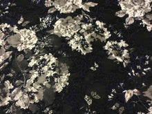 Load image into Gallery viewer, NEW Designer Multicoloured Stretch Floral Print Lace Fabric 60’’153cm Navy Ivory