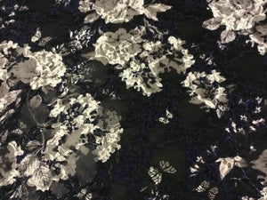 NEW Designer Multicoloured Stretch Floral Print Lace Fabric 60’’153cm Navy Ivory
