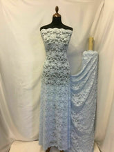 Load image into Gallery viewer, NEW Designer Light Blue 4 Way Stretch Floral Lace Double Scalloped Border Fabric