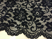 Load image into Gallery viewer, NEW Designer Navy Stretch Net Floral Lace Double Scalloped Border Fabric 57’’