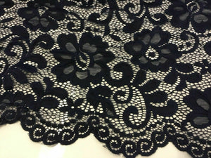 NEW Designer Navy Stretch Net Floral Lace Double Scalloped Border Fabric 57’’