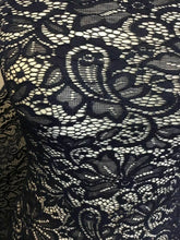Load image into Gallery viewer, NEW Designer Navy Stretch Net Floral Paisley Lace Double Scalloped Border Fabric