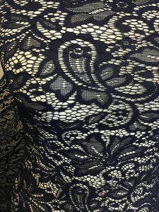 NEW Designer Navy Stretch Net Floral Paisley Lace Double Scalloped Border Fabric