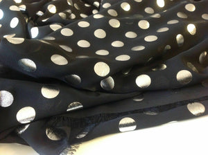 Beautiful Black Chiffon With Silver Polka Dot Spots Fabric 148 cm 58" Dress Art