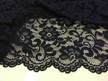 Load image into Gallery viewer, NEW Designer Navy Stretch Net Floral Lace Double Scalloped Border Fabric 57’’