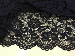 NEW Designer Navy Stretch Net Floral Lace Double Scalloped Border Fabric 57’’