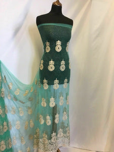 NEW Designer Jade / Green Gold Pearl Paisley Border Lace Fabric 51'' 131 cm
