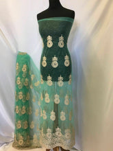 Load image into Gallery viewer, NEW Designer Jade / Green Gold Pearl Paisley Border Lace Fabric 51&#39;&#39; 131 cm