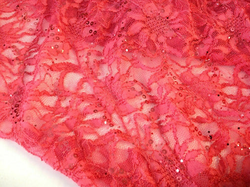 NEW Coral Colour Corded Stretch Lace Fabric Coral Sequins All Over Bling Dress