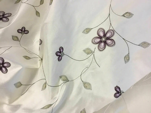 NEW Beautiful White 100% Silk Floral Embroidery Dupion Fabric 52