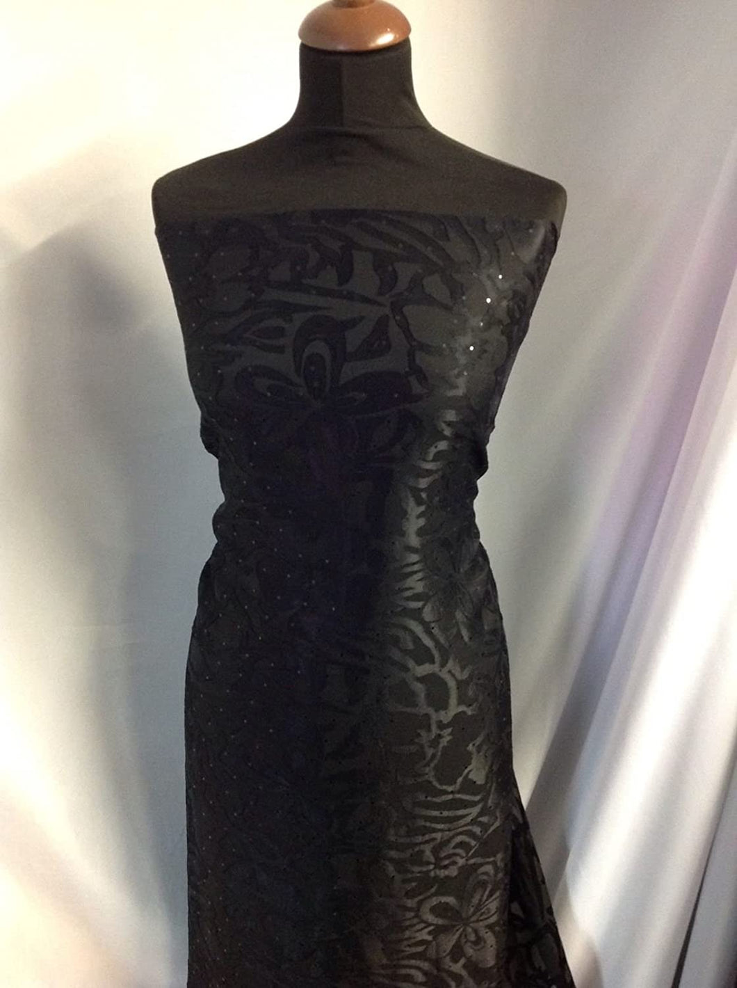 NEW High Class Designer Jet Black Chiffon Satin Floral Burnout Fabric Dress