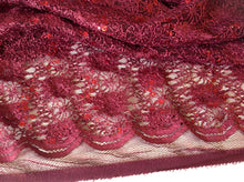 Load image into Gallery viewer, NEW Maroon Corded Stretch Lace Maroon Sequins Scallop Border Lace Fabric 60&quot;