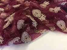 Load image into Gallery viewer, NEW High Class Maroon Gold Pearl Paisley Border Lace Fabric