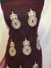 Load image into Gallery viewer, NEW High Class Maroon Gold Pearl Paisley Border Lace Fabric