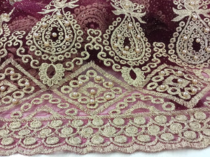 NEW High Class Maroon Gold Pearl Paisley Border Lace Fabric