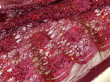 Load image into Gallery viewer, NEW Maroon Corded Stretch Lace Maroon Sequins Scallop Border Lace Fabric 60&quot;