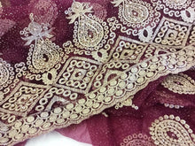 Load image into Gallery viewer, NEW High Class Maroon Gold Pearl Paisley Border Lace Fabric