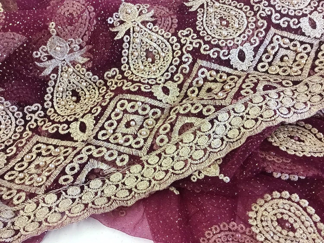 NEW High Class Maroon Gold Pearl Paisley Border Lace Fabric