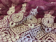 Load image into Gallery viewer, NEW High Class Maroon Gold Pearl Paisley Border Lace Fabric