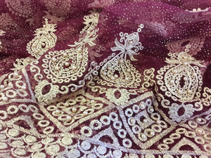 NEW High Class Maroon Gold Pearl Paisley Border Lace Fabric