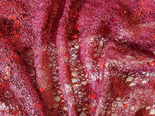 Load image into Gallery viewer, NEW Maroon Corded Stretch Lace Maroon Sequins Scallop Border Lace Fabric 60&quot;