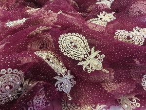 NEW High Class Maroon Gold Pearl Paisley Border Lace Fabric