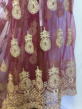 Load image into Gallery viewer, NEW High Class Maroon Gold Pearl Paisley Border Lace Fabric