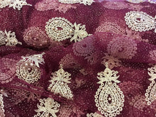 Load image into Gallery viewer, NEW High Class Maroon Gold Pearl Paisley Border Lace Fabric