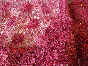 NEW Maroon Corded Stretch Lace Maroon Sequins Scallop Border Lace Fabric 60"