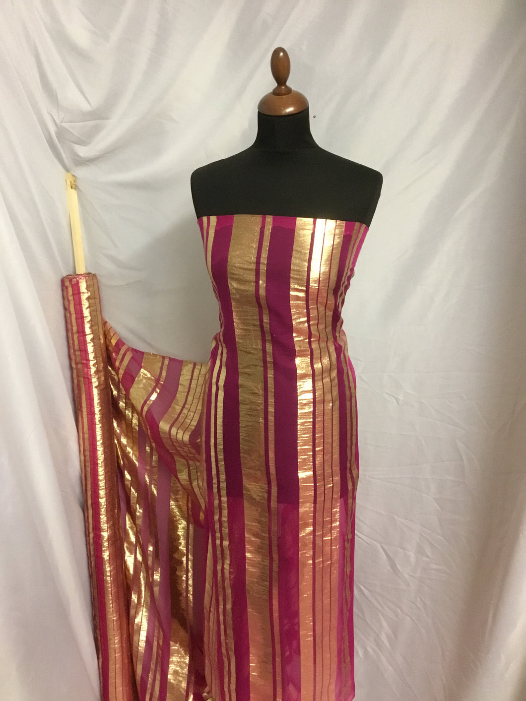 NEW Designer Multicoloured 100% Pure Silk Chiffon Stripe Burnout Gold Lame Foil Fabric 46